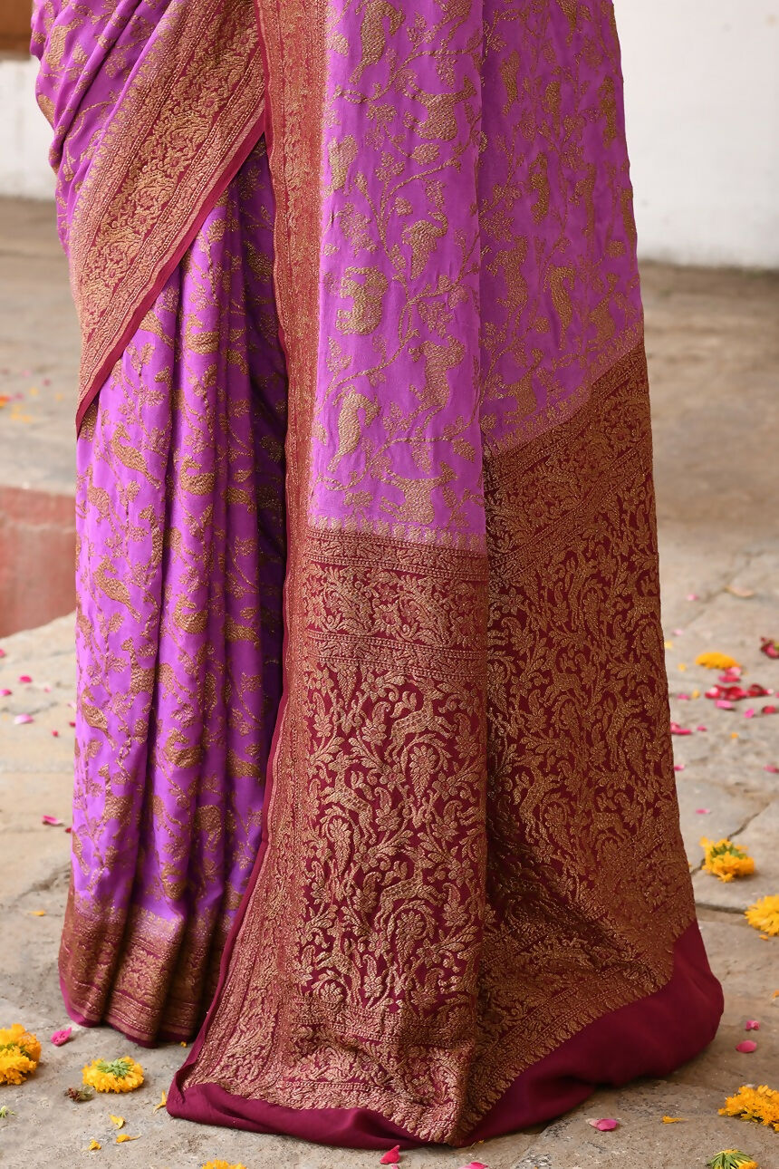 Hot Pink Crepe Chiffon Handloom Banarasi Silk Saree