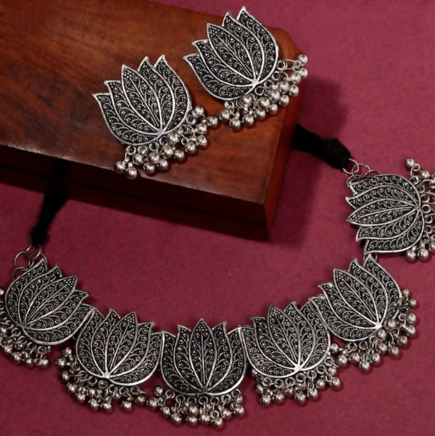 Oxidised Silver Lotus Motif Statement Choker Necklace Set