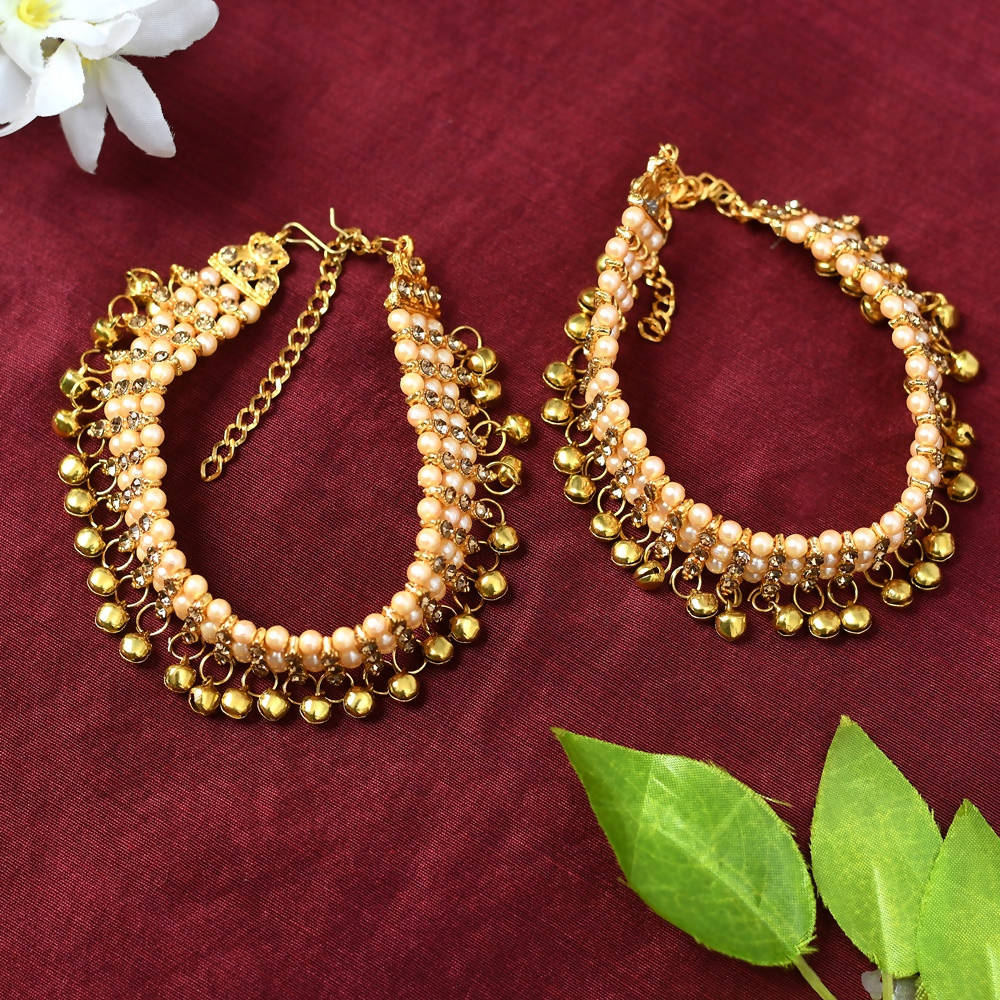 Gold-Polished Pearl Anklets with Muvvas for Women