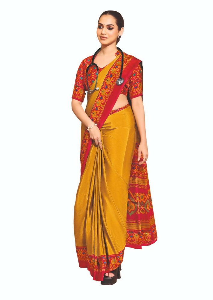 Yellow Crepe Silk Saree with Traditional Print for Party Wear