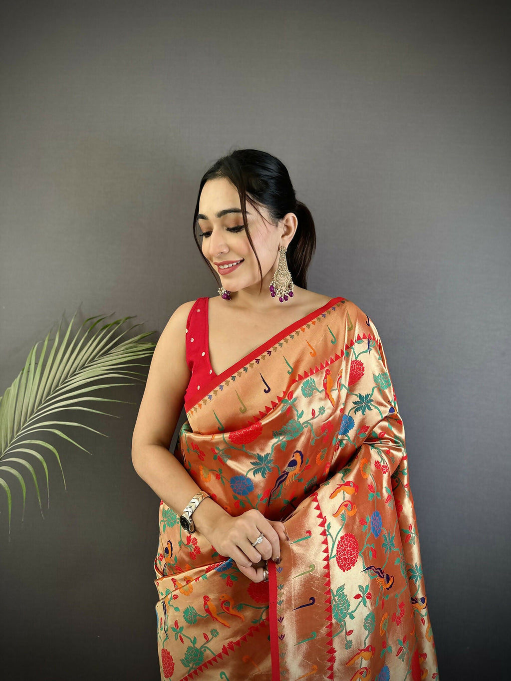 Reddish Pink Soft Silk Paithani Saree with Mughal-Inspired Motifs