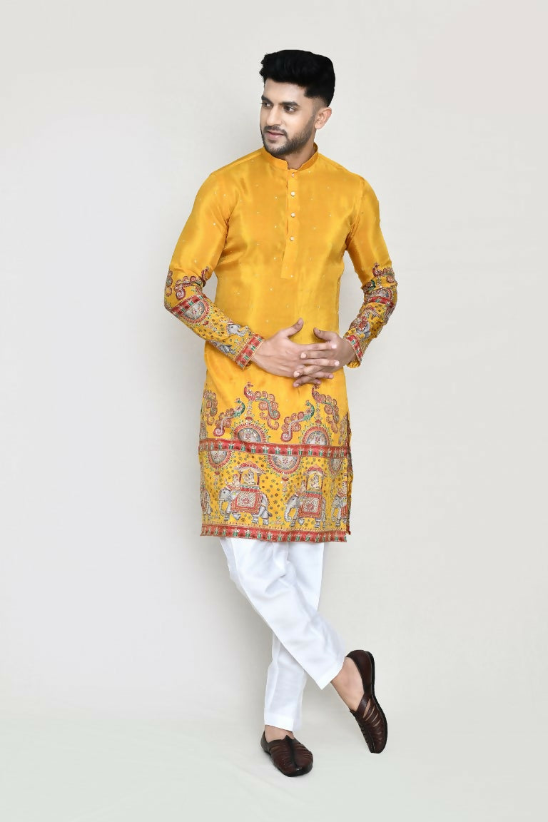 White rayon kurta with digital and sequence embroidery paired with straight fit pants
