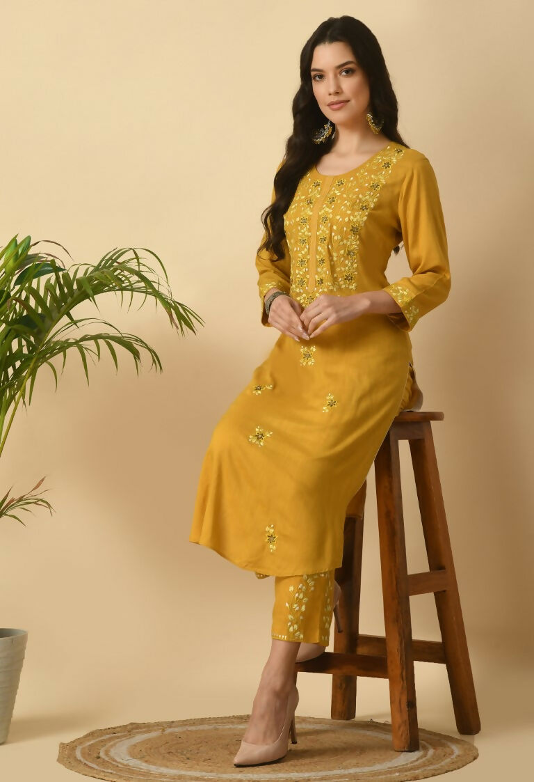 Mustard Cotton Rayon Kurta Set - Two Piece Women's Ethnic Wear