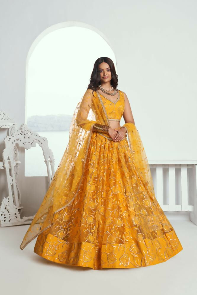 Yellow Butterfly Net Wedding Lehenga with Cotton Thread & Sequence