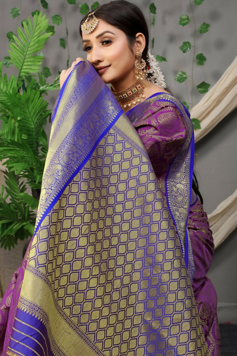 Purple Kanjivaram Silk Zari Woven Saree with Blue Blouse