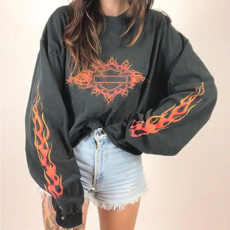 Women's Graphic Flame Print Oversized Long Sleeve Crewneck - Image 4