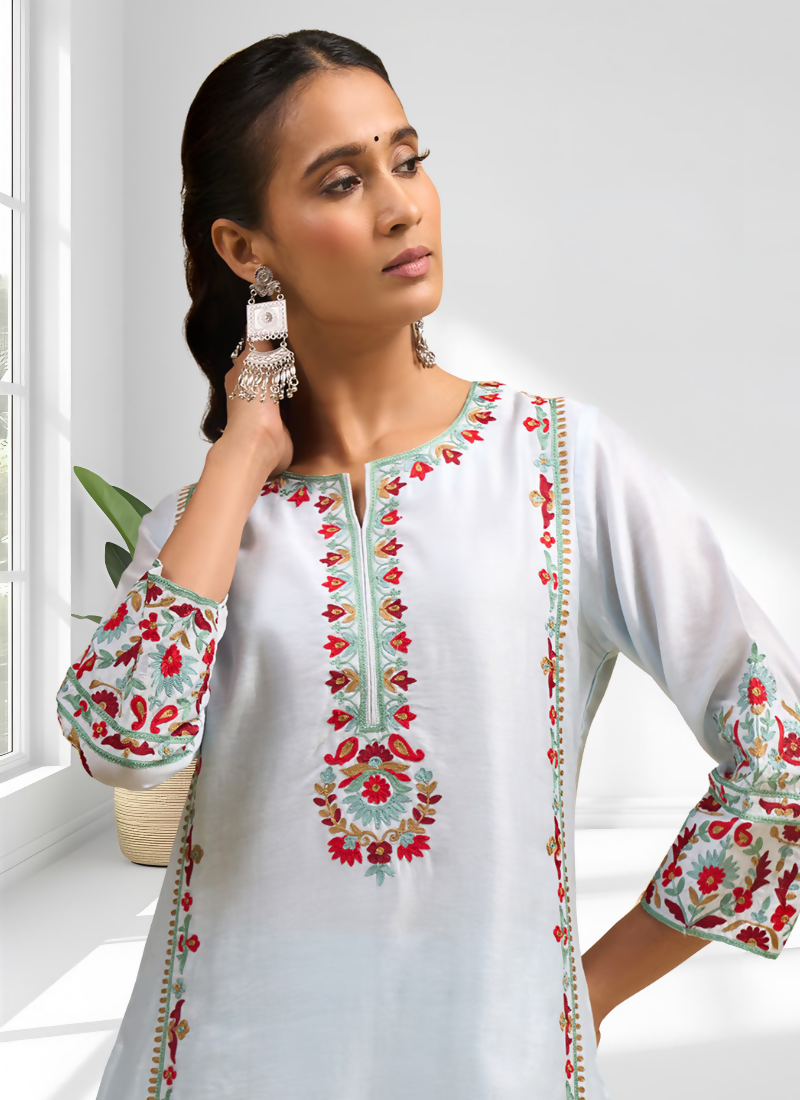 Sky Blue Silk Embroidered Long Kurta with Matching Pant Set