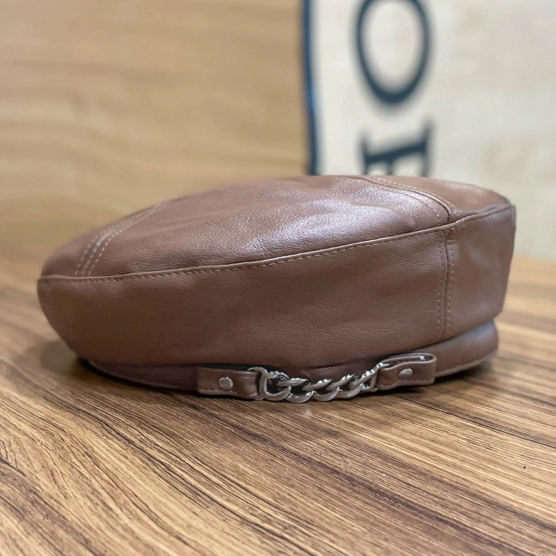 Women's PU Leather Chain Detail Beret Hat - Image 2