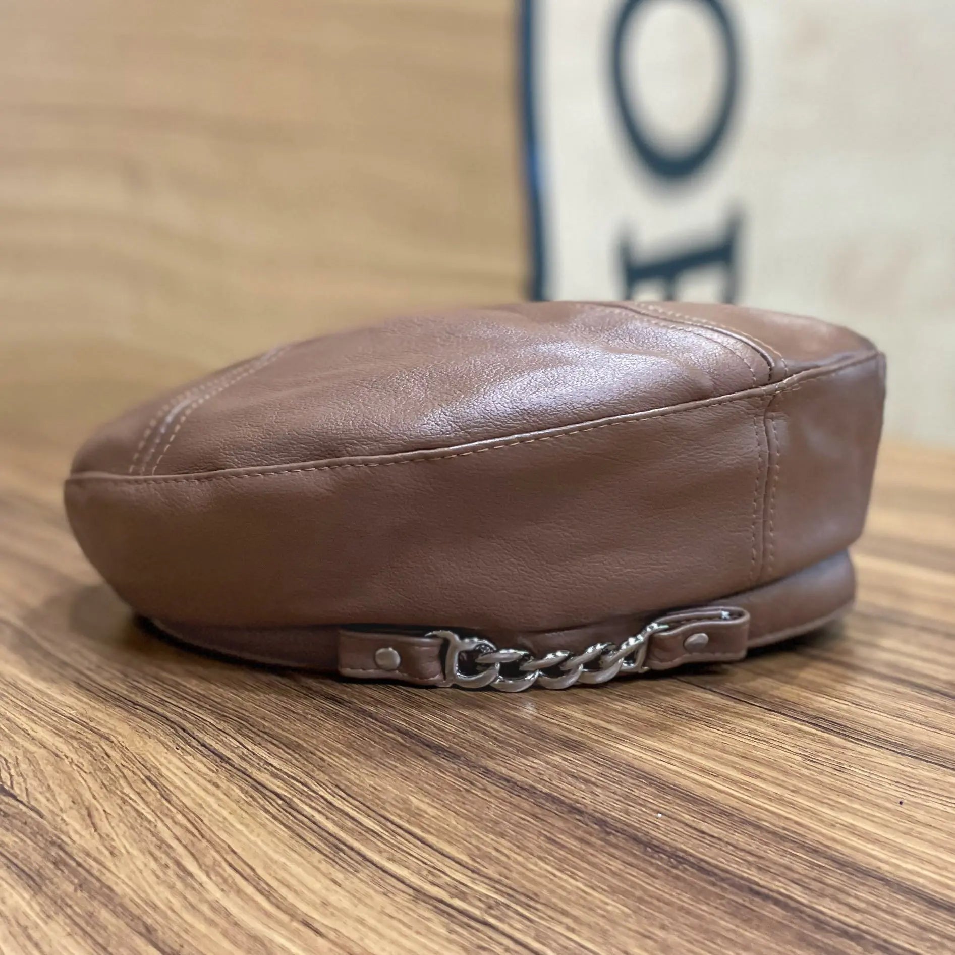 Women's PU Leather Beret Hat with Chain Detail