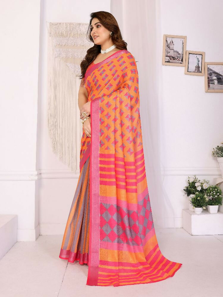 Orange Handloom Linen Cotton Saree with Elegant Zari Detailing