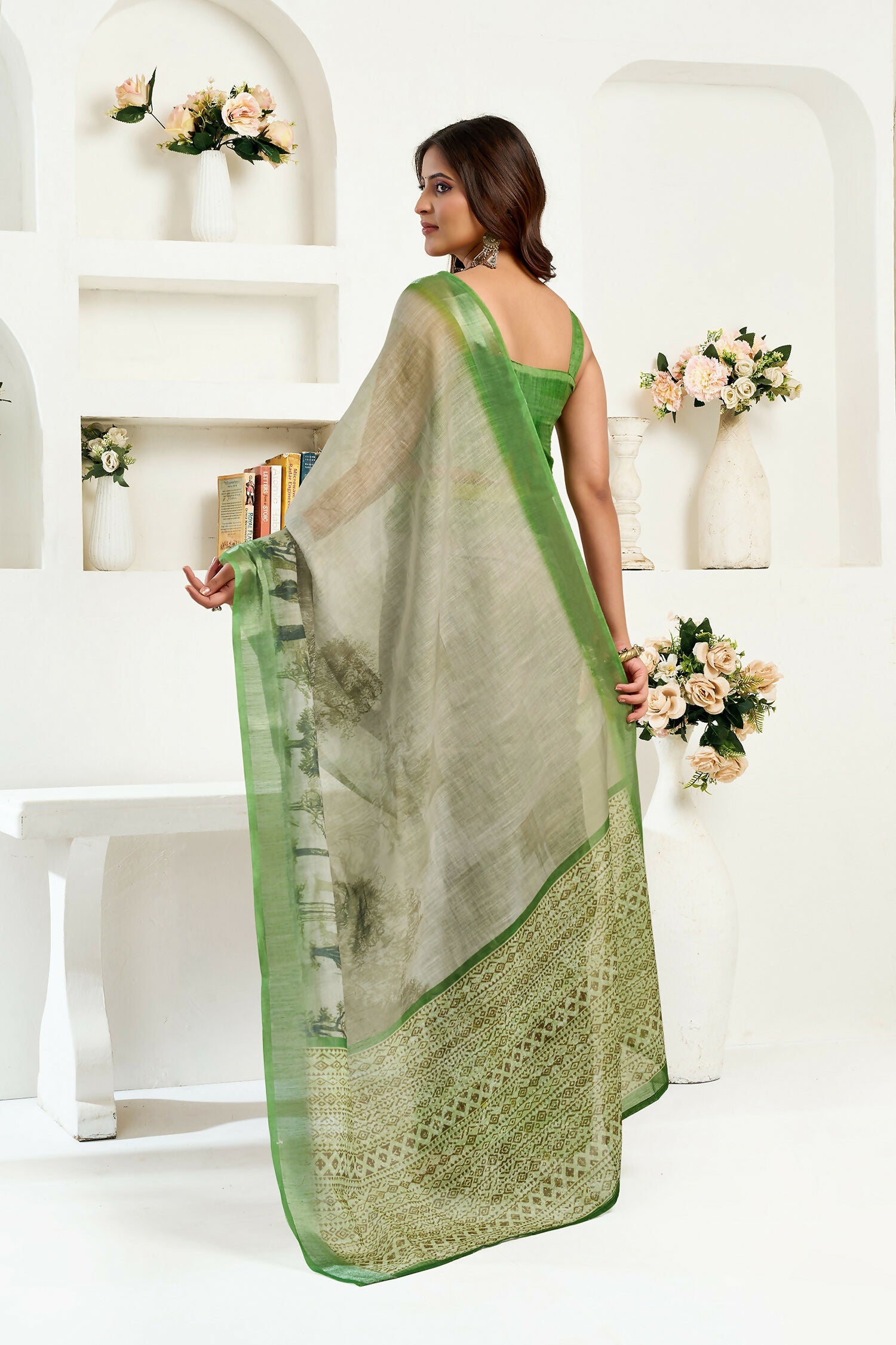 Green Floral & Ethnic Print Linen Ready To Wear Saree with Blouse