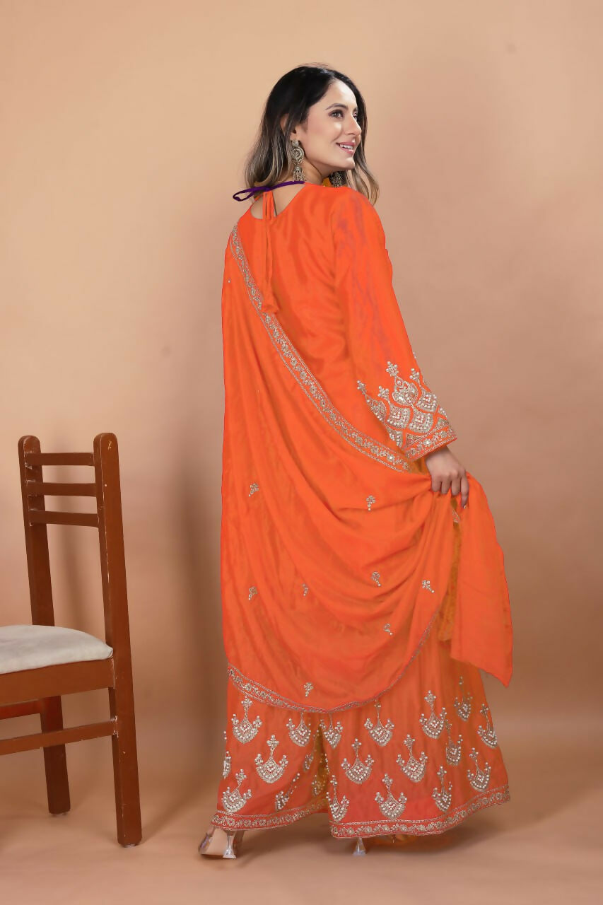 Orange Silk Embroidered Sharara Set for Women