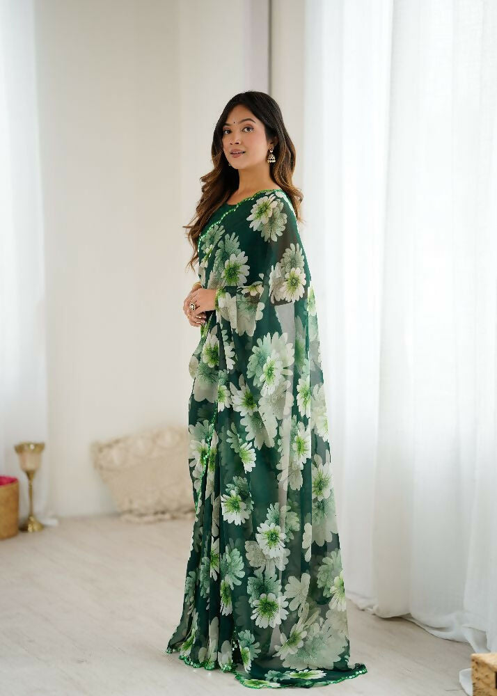 Green Georgette Printed Saree with Mirror Work Detailing