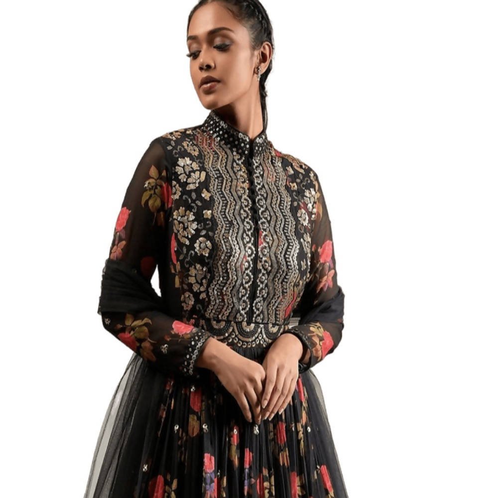 Black Georgette Designer Gown with Floral Print and Sequence Work
