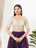 Light gold tissue fabric padded blouse with V-neck and elbow sleeves