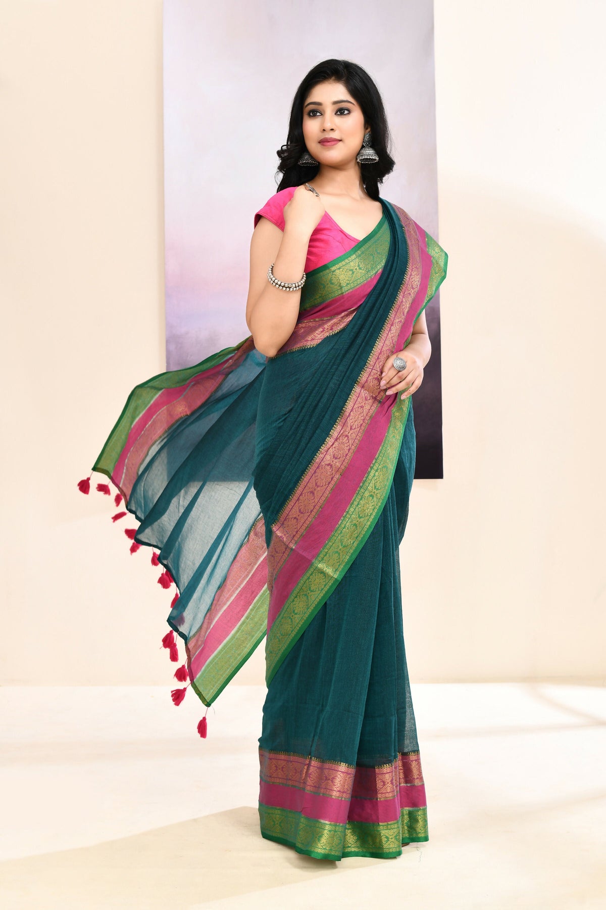 Teal Cotton Saree with Zari Border and Embellishments