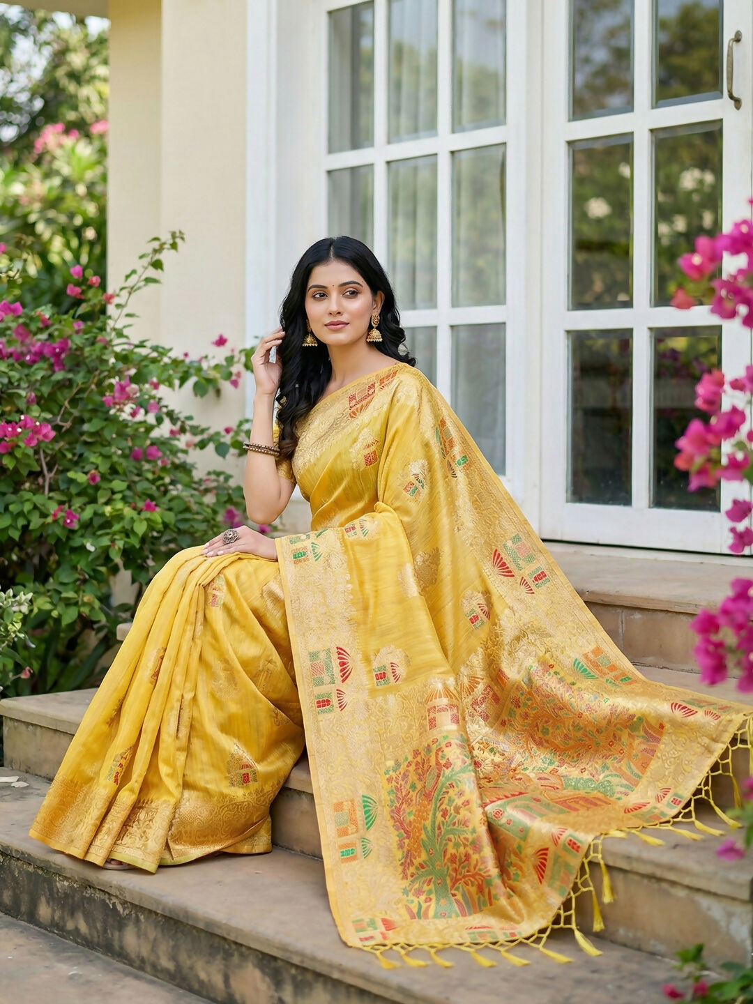 Yellow Linen Cotton Saree with Matching Blouse Piece