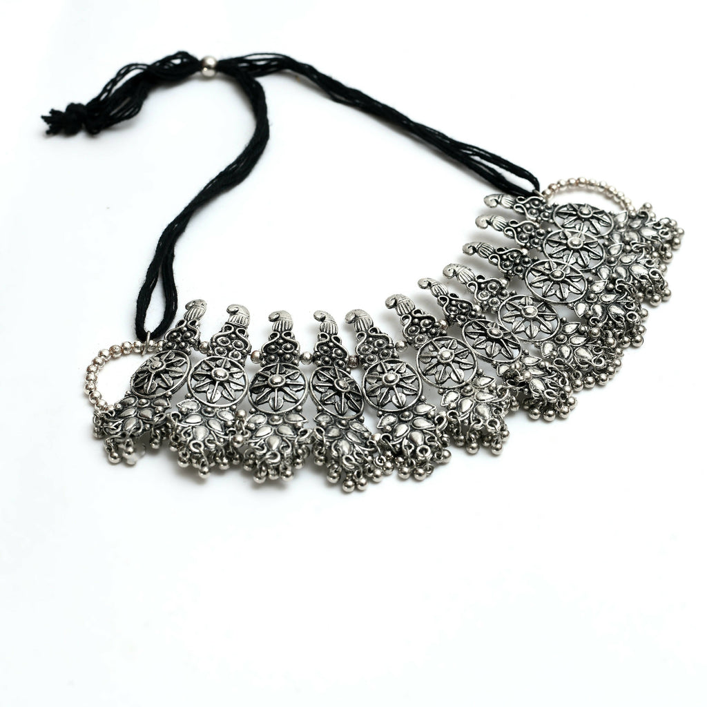 Johar Kamal Oxidised Silver-Plated Brass Temple Choker Necklace Set