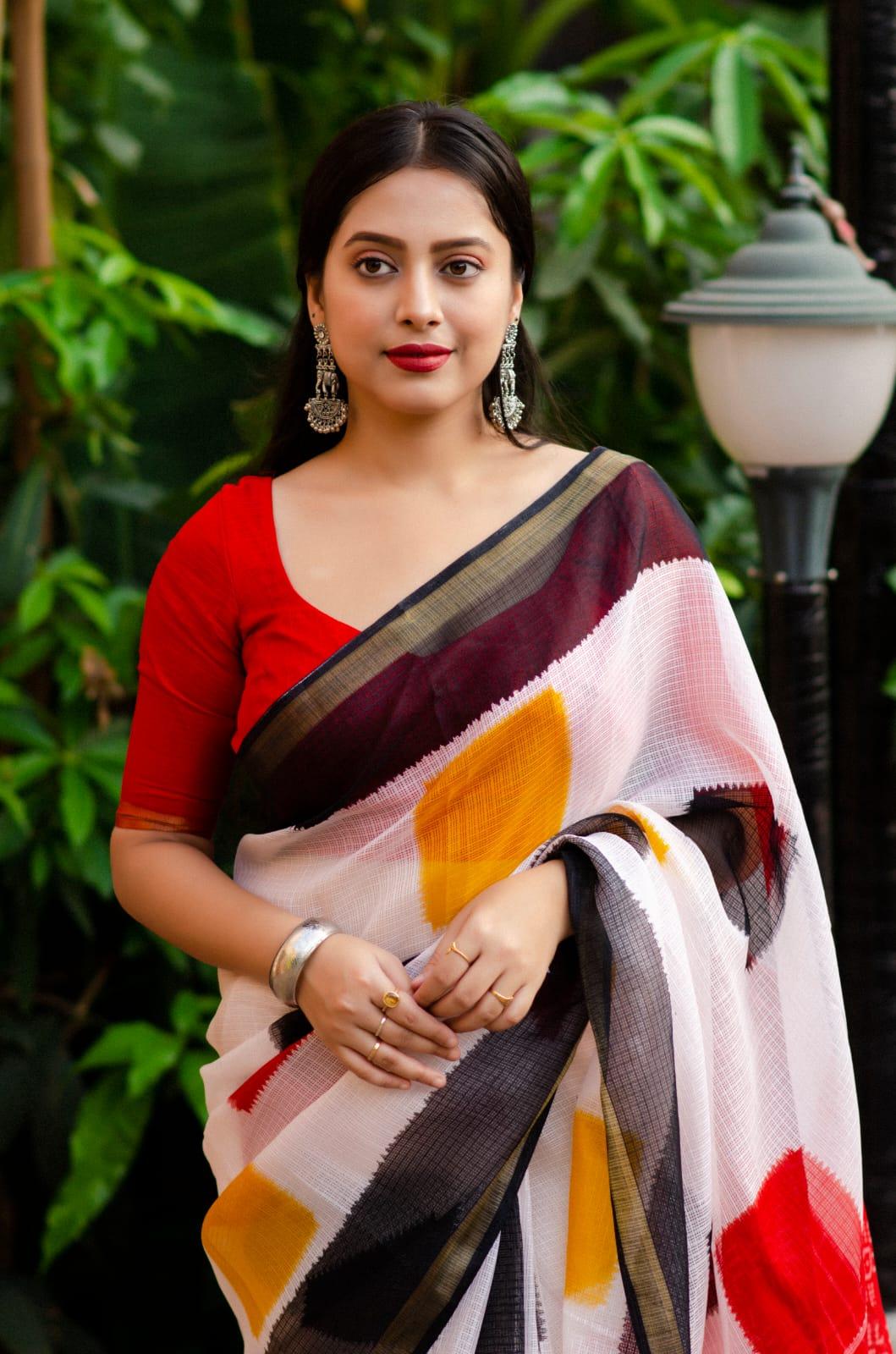 White Polycotton Saree with Ethnic Motifs and Zari Border