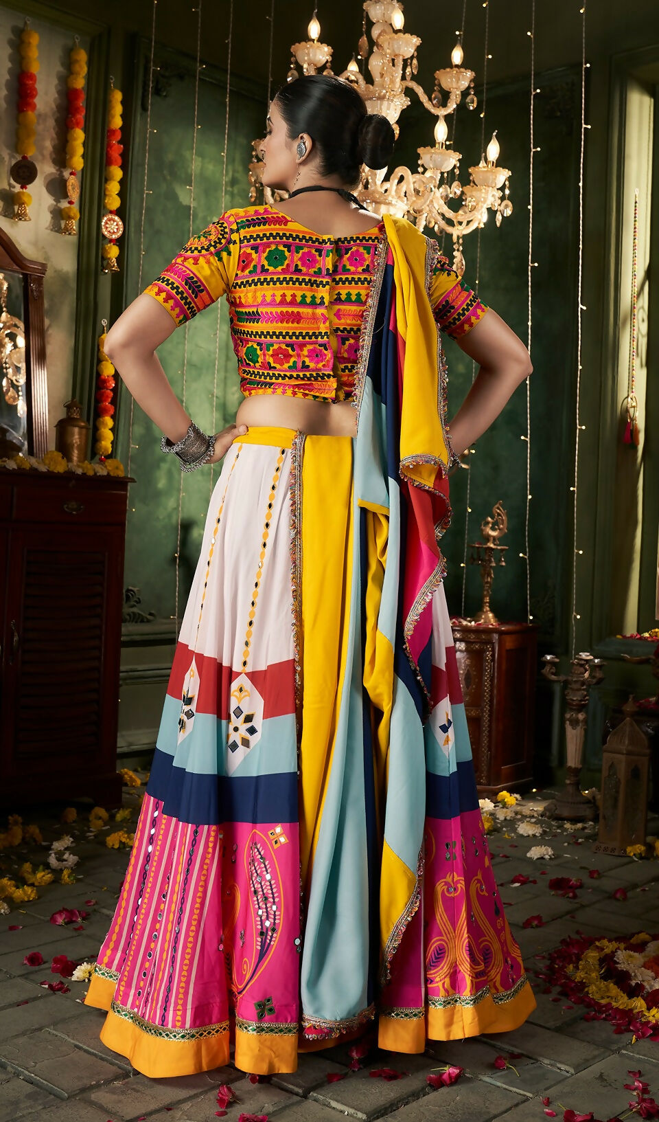 White Maslin Cotton Navratri Lehenga Choli with Yellow Blouse