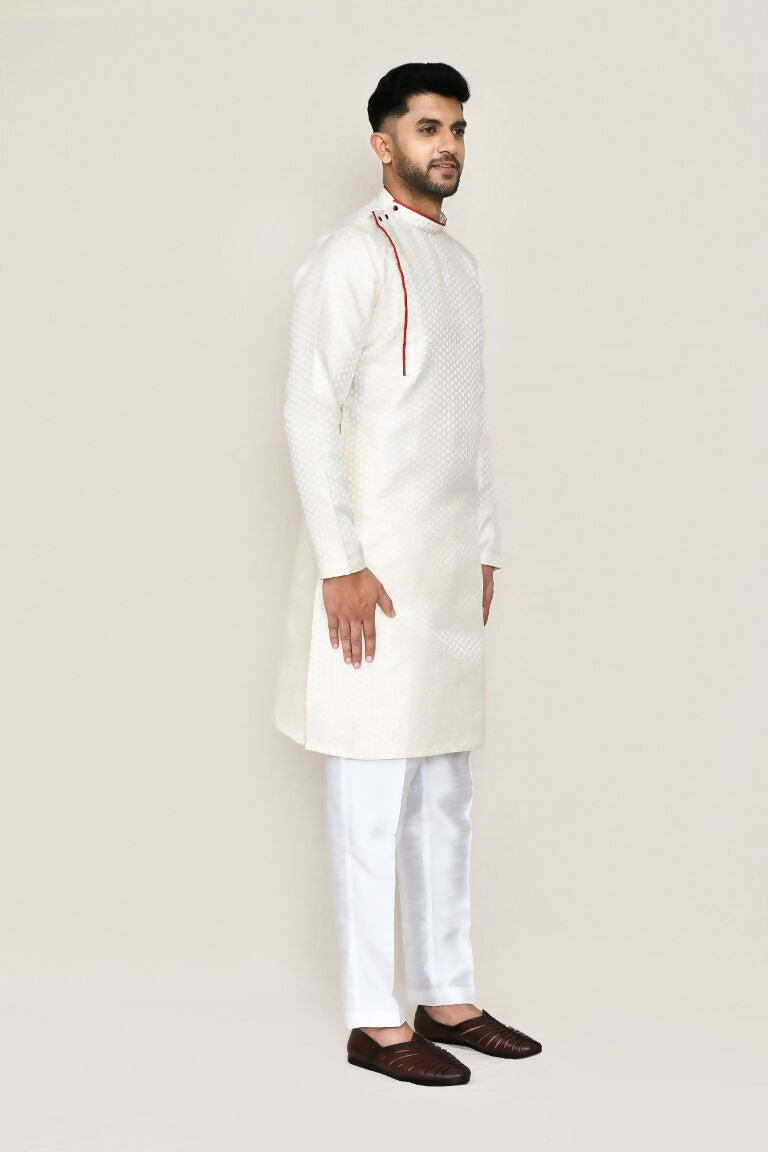 Cream Jacquard Kurta with Straight Fit Pants Set