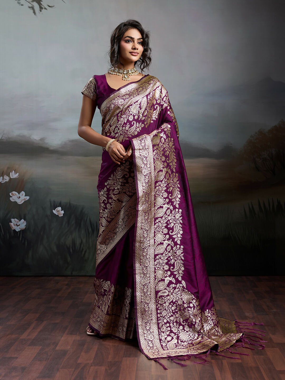 Deep wine colored silk blend saree with smooth finish