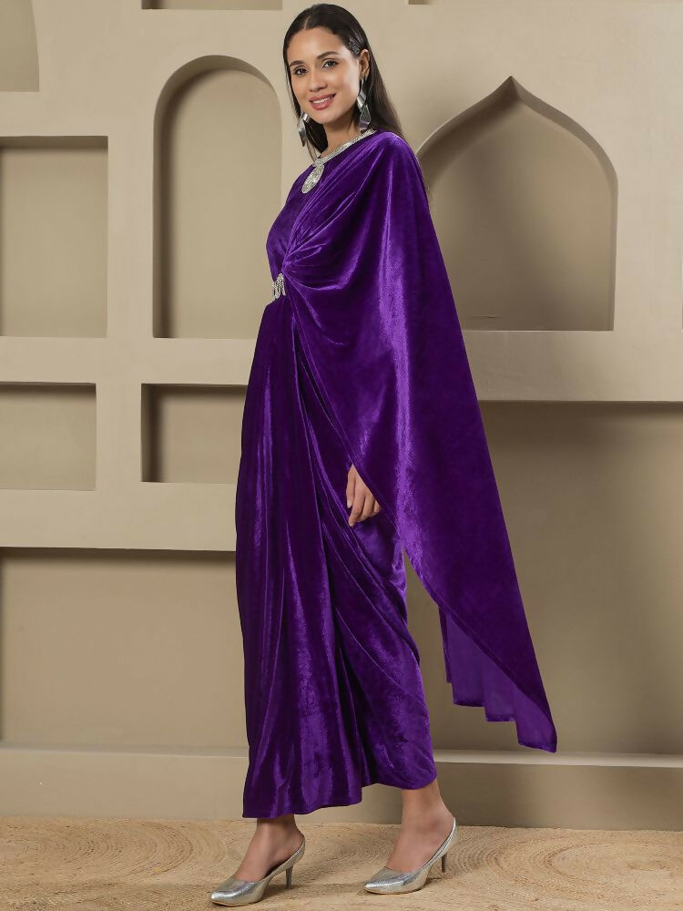 Women Purple Velvet Stitched Dress with Hand Embellishment