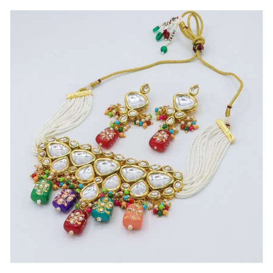 Dista multicolor Kundan work necklace set in gold polish with adjustable cord