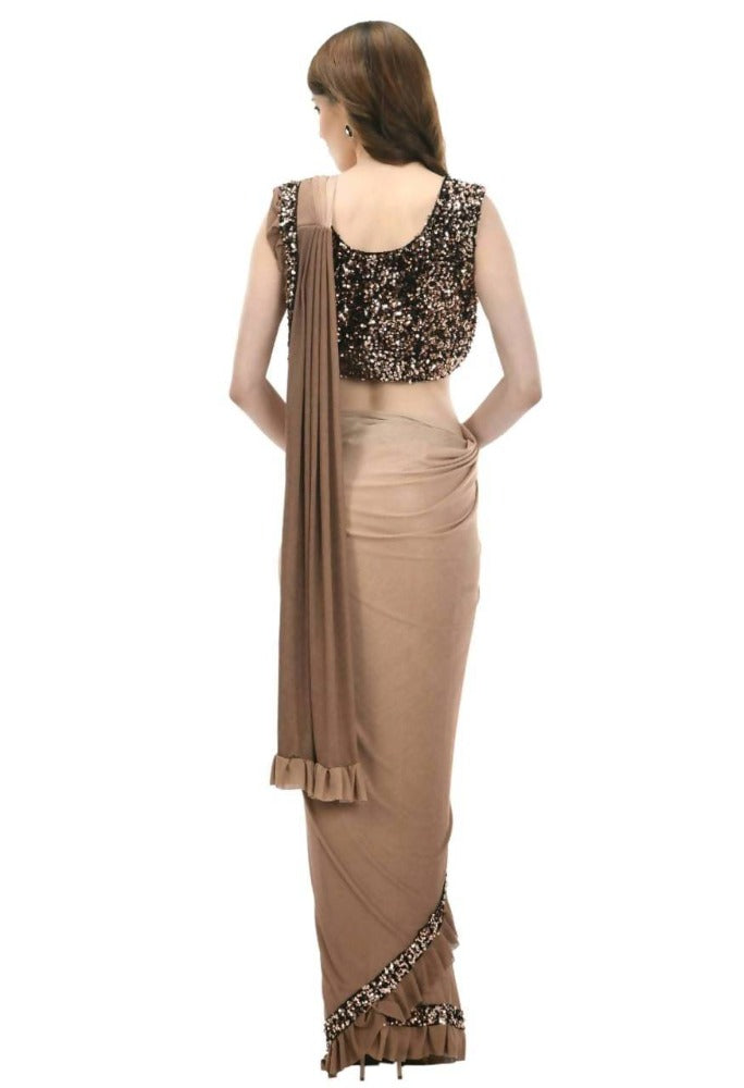 Camel Colour Shaded Ruffled Ready To Wear Saree for All Seasons