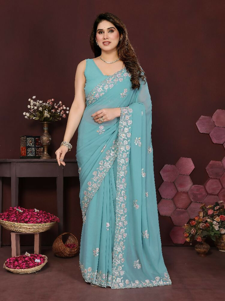 Turquoise Georgette Embroidered Saree with Matching Blouse