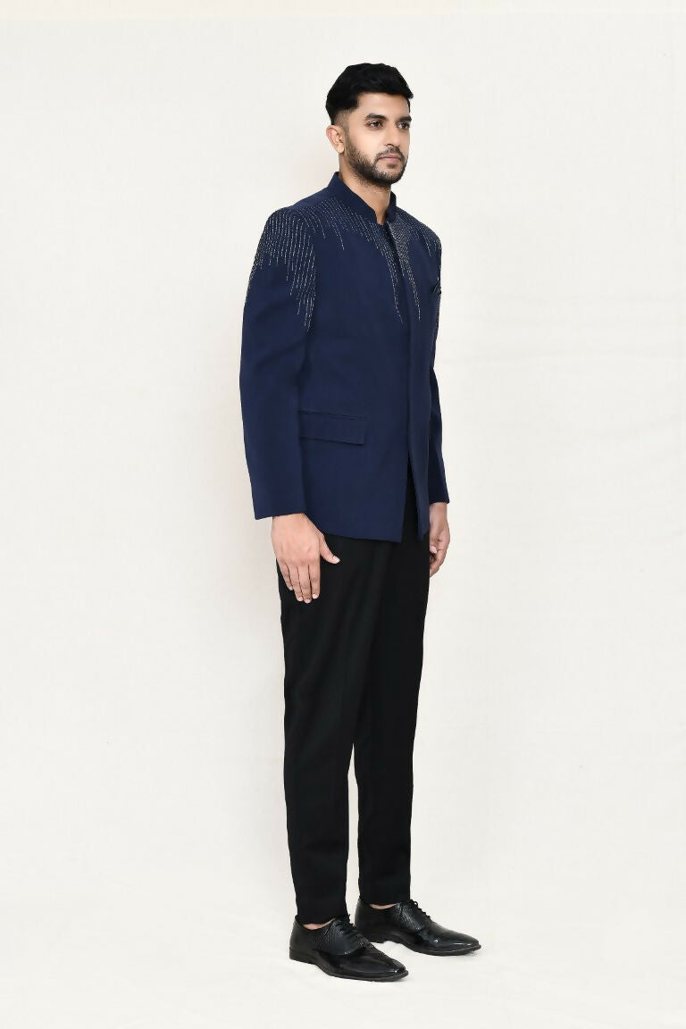 Blue Terry Rayon Prince Coat with Matching Pant Set
