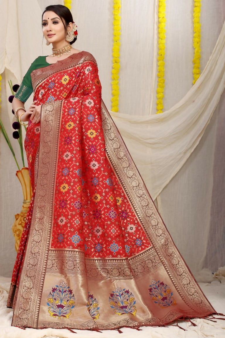 Red Patola silk saree with Zari woven design and contrast green blouse piece