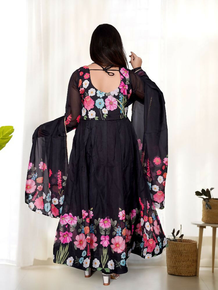 Black Kurta Set in Organza with Sequin Embroidery and Cotton Bottom