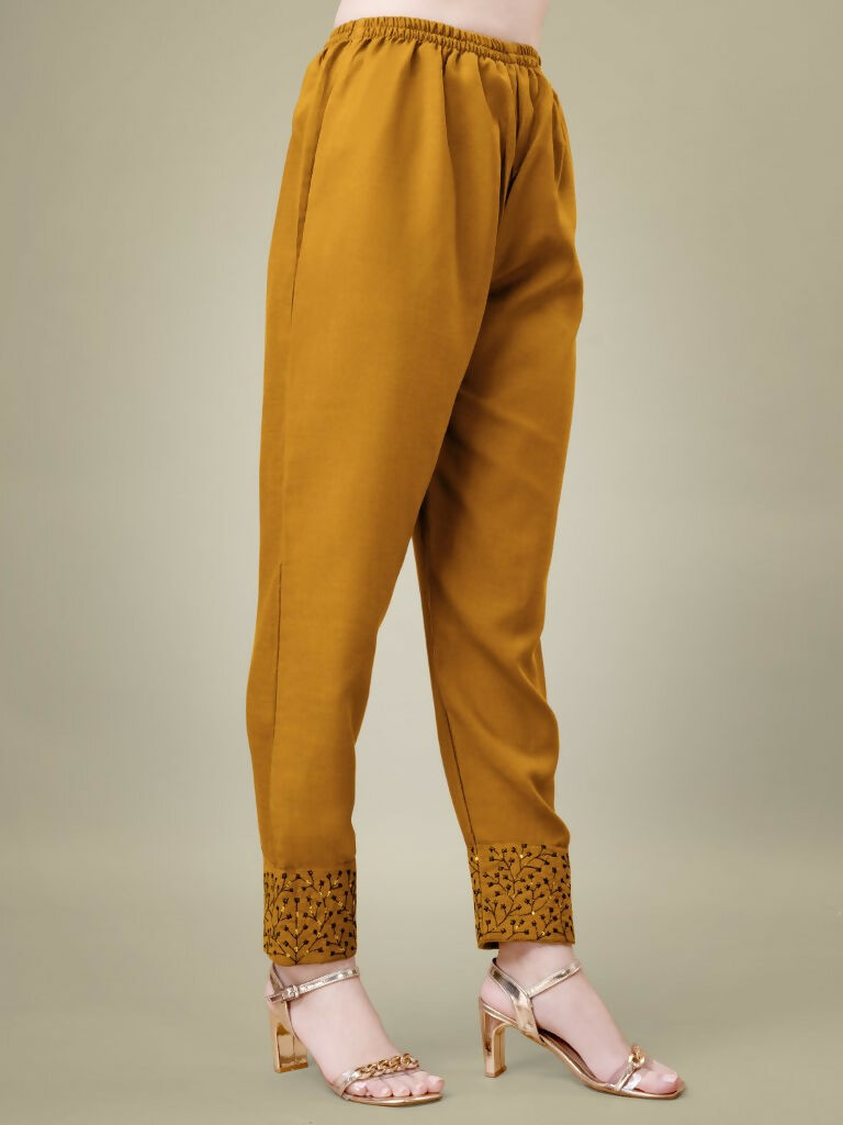Jyoti Fashion Women's Mustard Cotton Blend Embroidery & Sequence work Kurta with Trouser & Dupatta