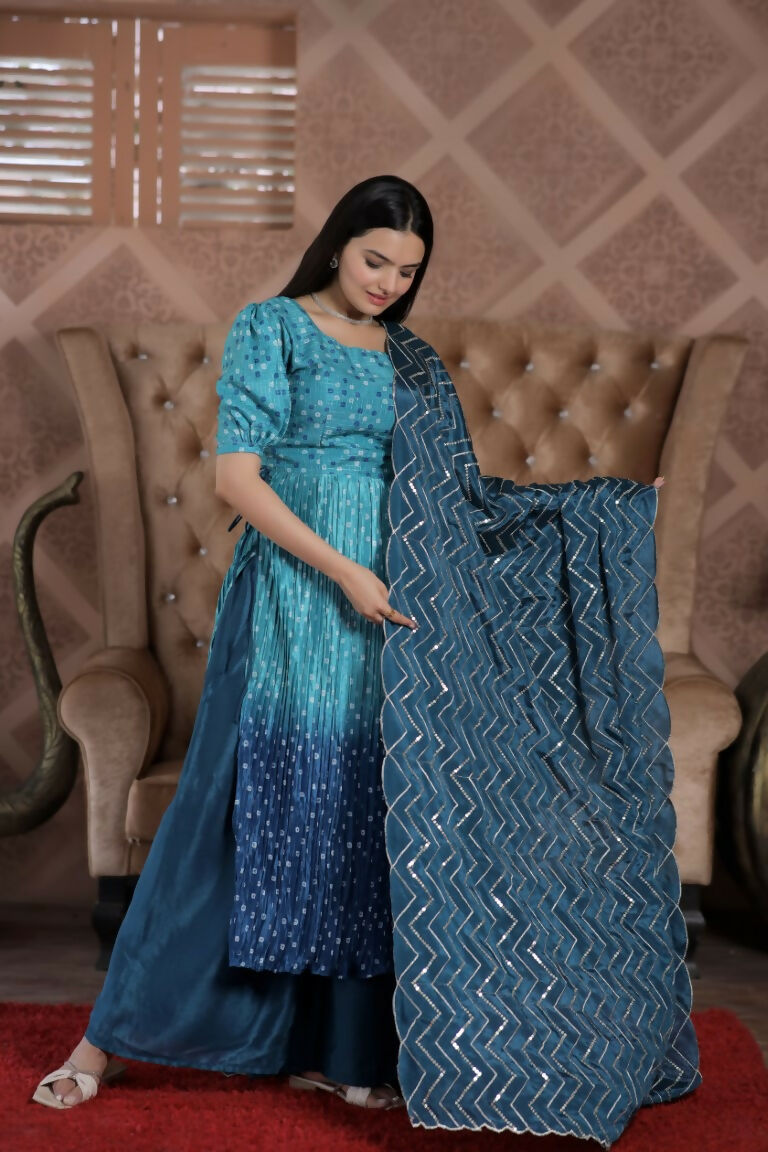 Blue Muslin Floral Print Kurta Set with Crush Pleating & Dupatta