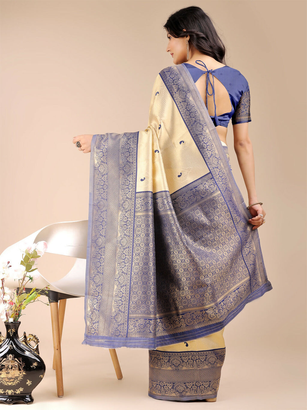 Cream and Navy Blue Banarasi Silk Saree with Matching Blouse