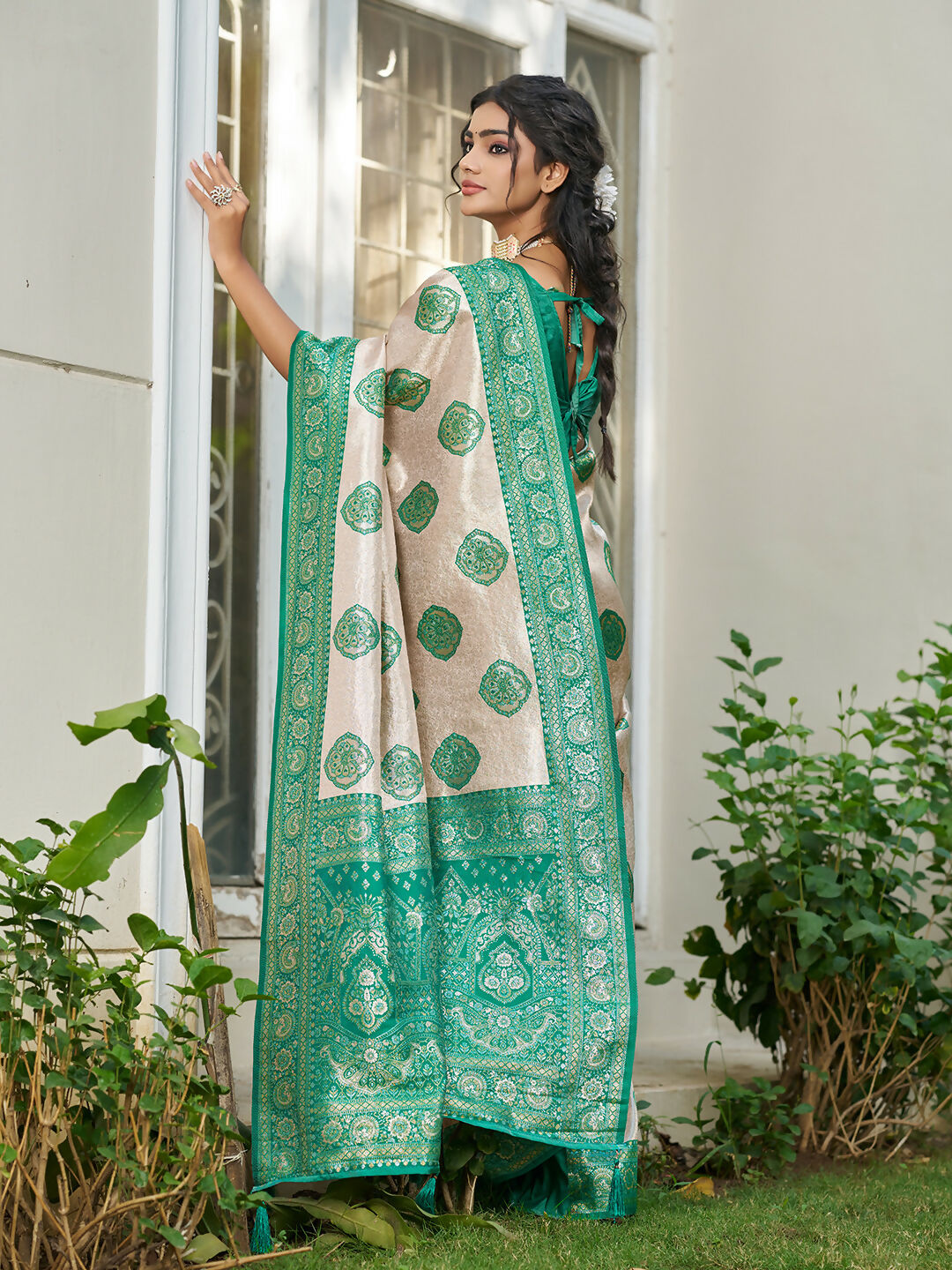 Cream and Sea Green Silk Blend Saree Elegant Ethnic Drape