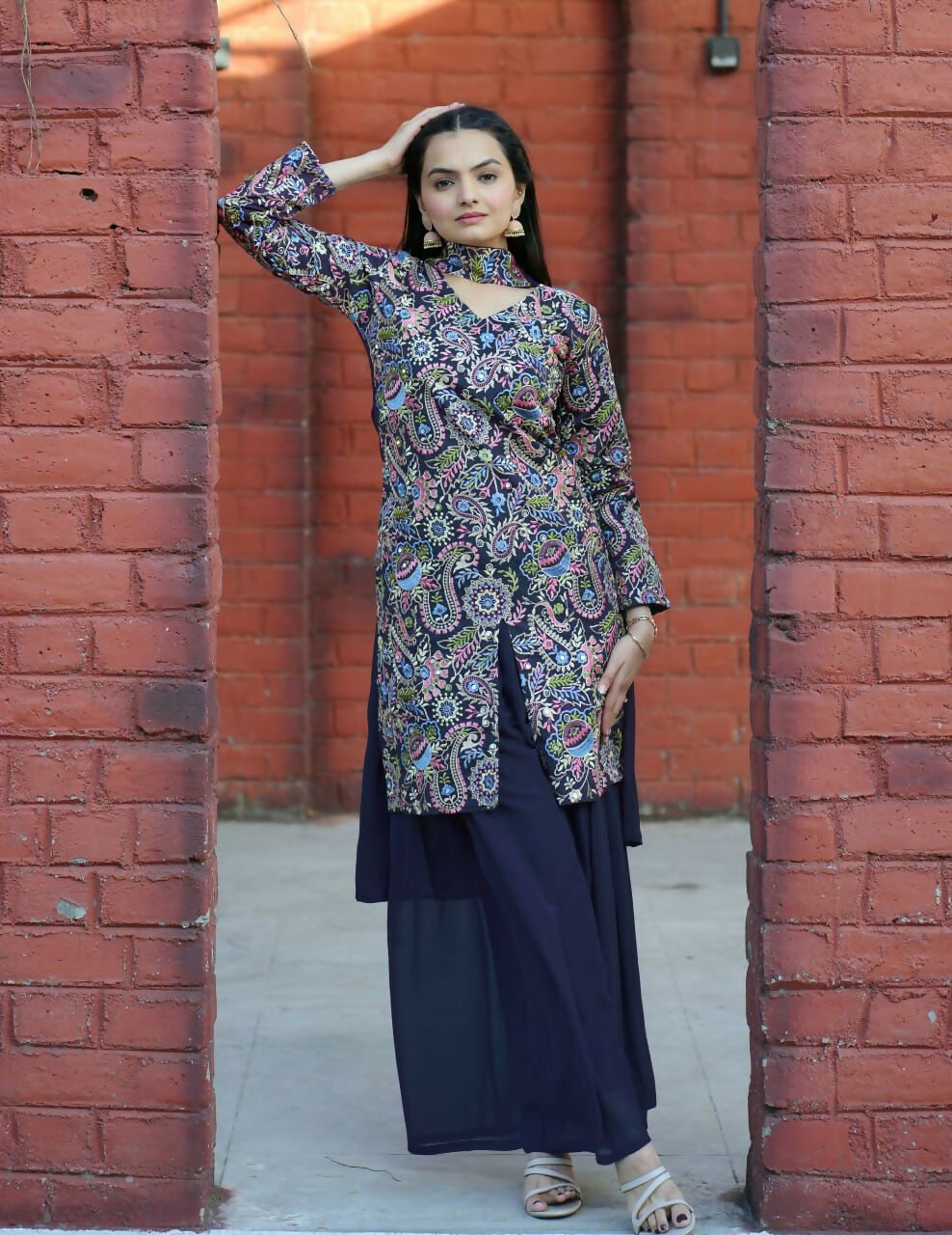 Blue Silk Embroidered Sharara Set with Kurti