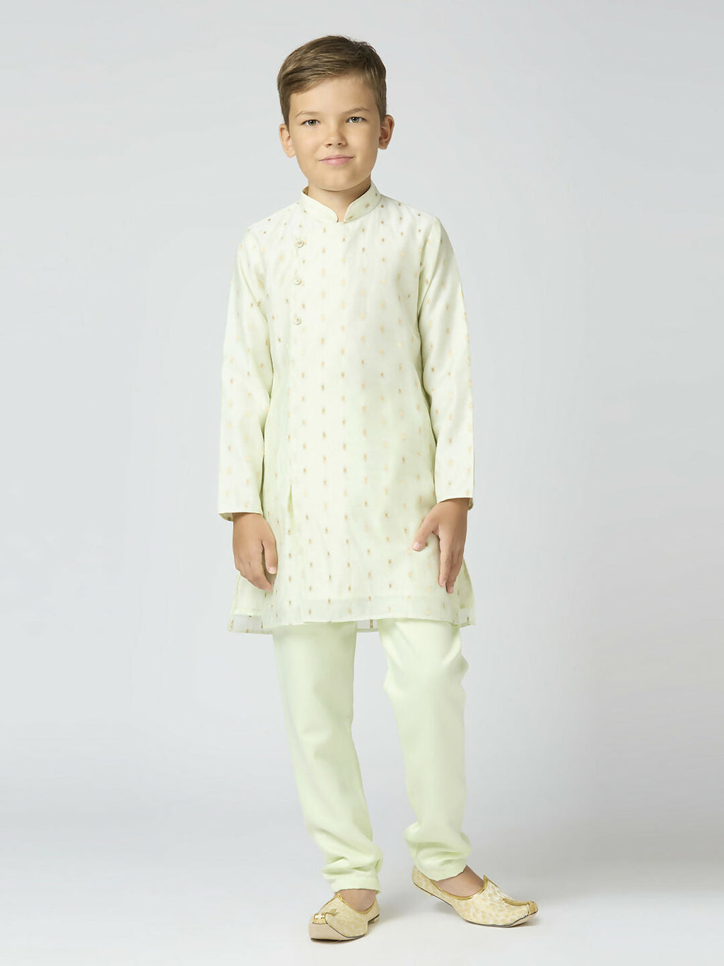 Boys Pista Chanderi Kurta and Pyjama Set with Traditional Butta