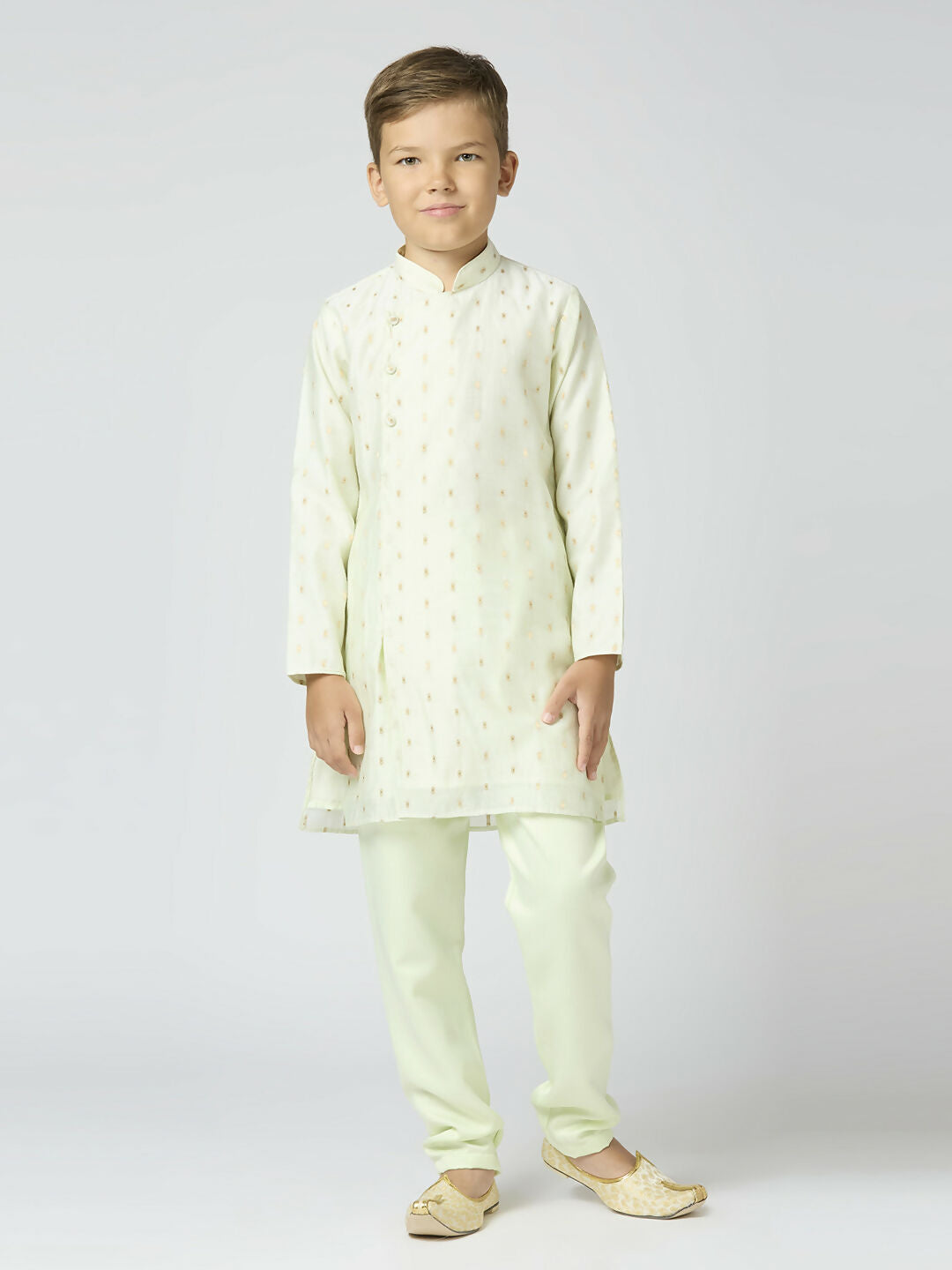 Boys Pista Chanderi Kurta and Pyjama Set with Traditional Butta