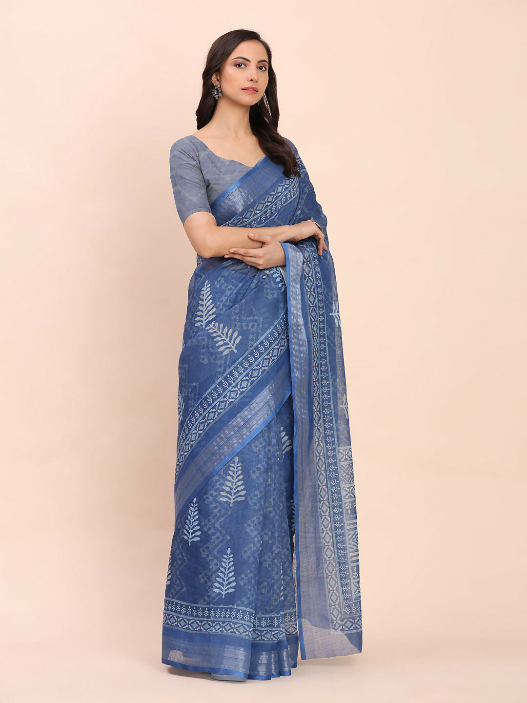 Elegant Indigo Blue Linen Cotton Saree with Matching Blouse