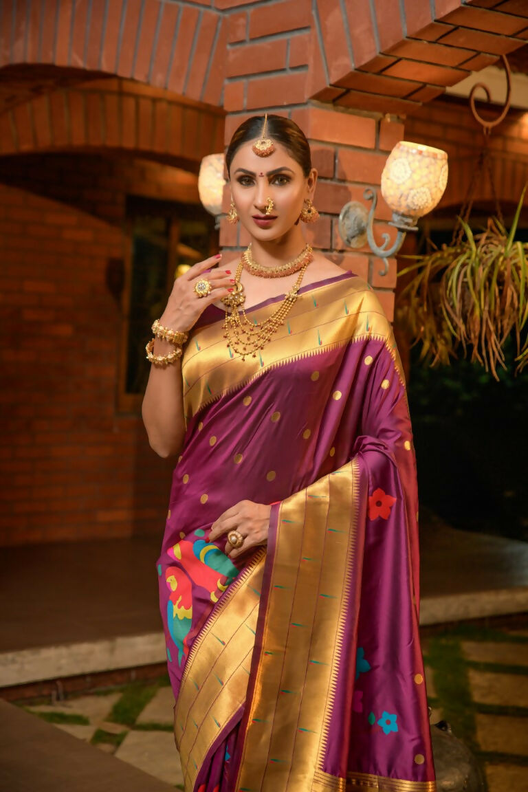 Wine Paithani Silk Saree with Zari Woven Border and Blouse Piece
