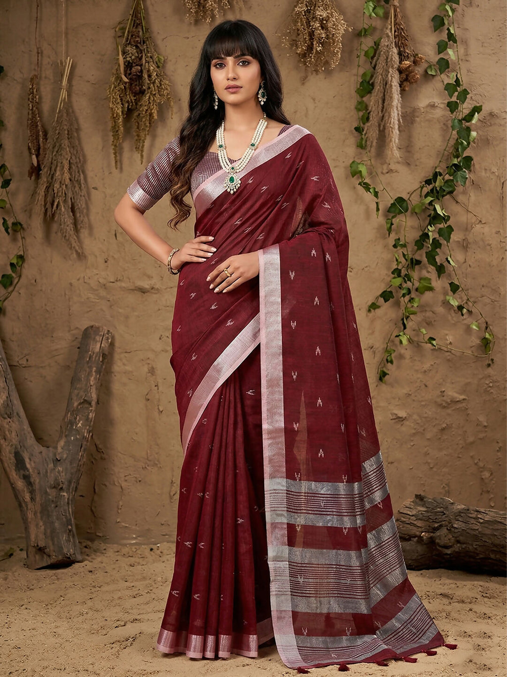 Stunning maroon linen cotton saree, versatile ethnic wear with matching blouse fabric