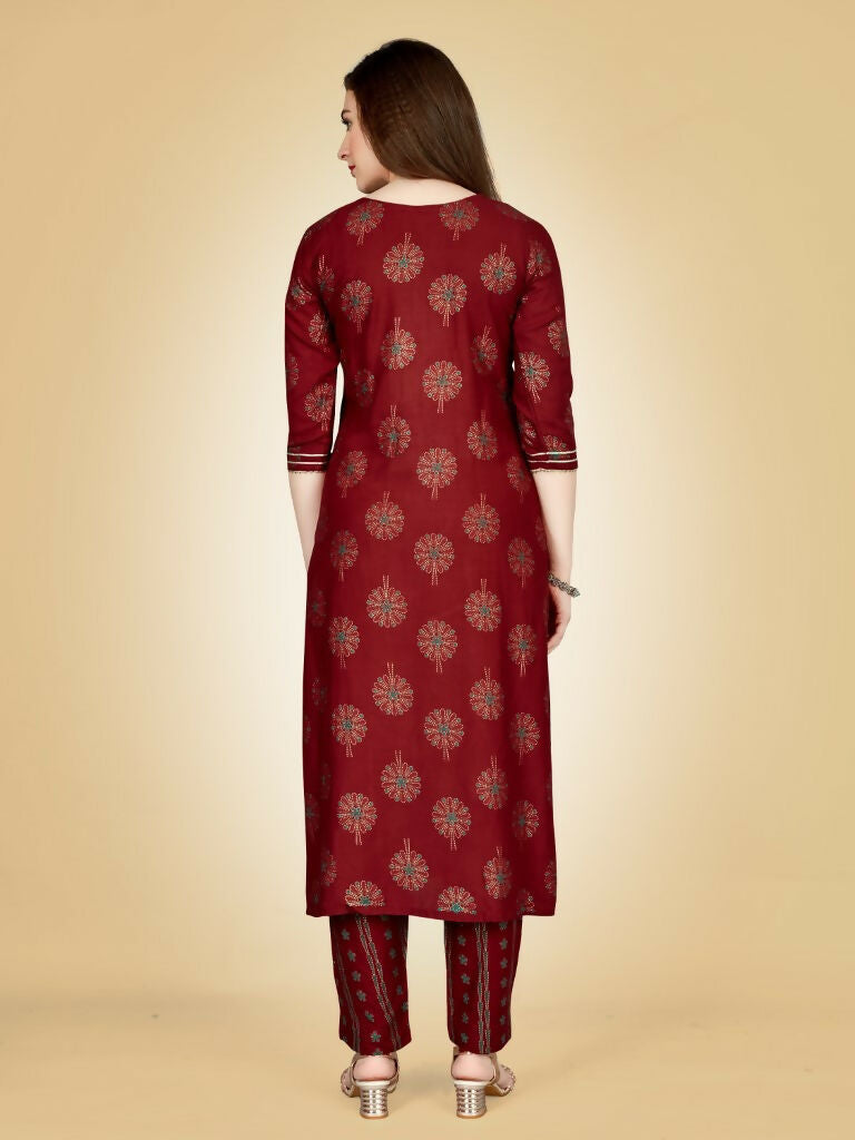Women's Maroon Embroidered Viscose Rayon Straight Kurta Pant Set