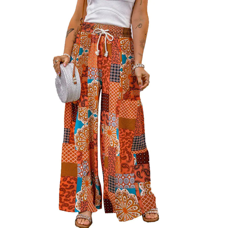 Women's Paisley Print Color Block Wide Leg Drawstring Pants - Image 9