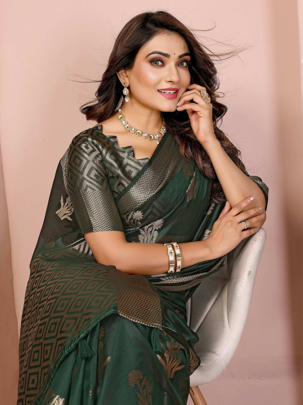 Dark Green Soft Organza Silk Saree with Weaving Work