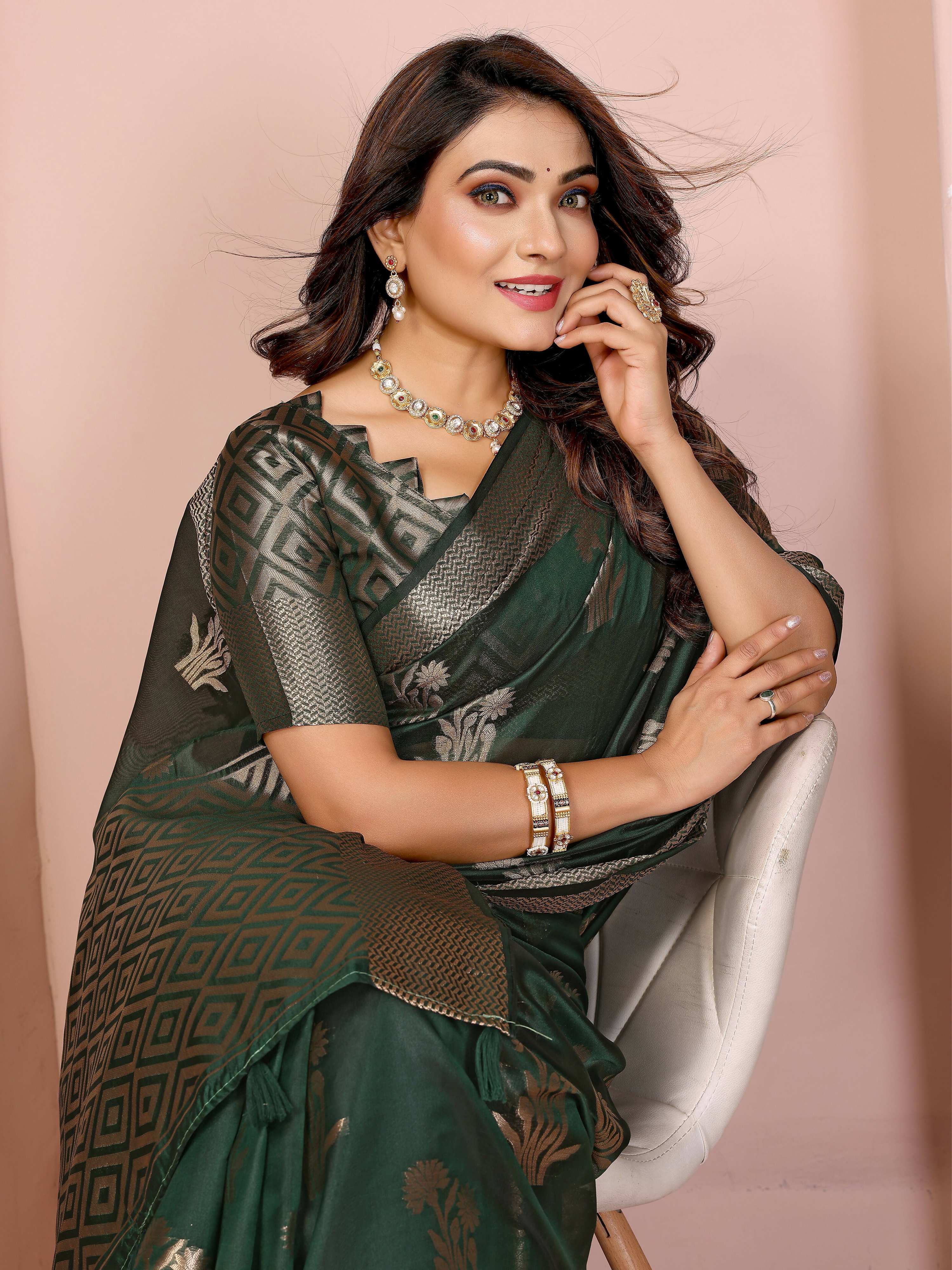 Dark Green Soft Organza Silk Saree with Weaving Work