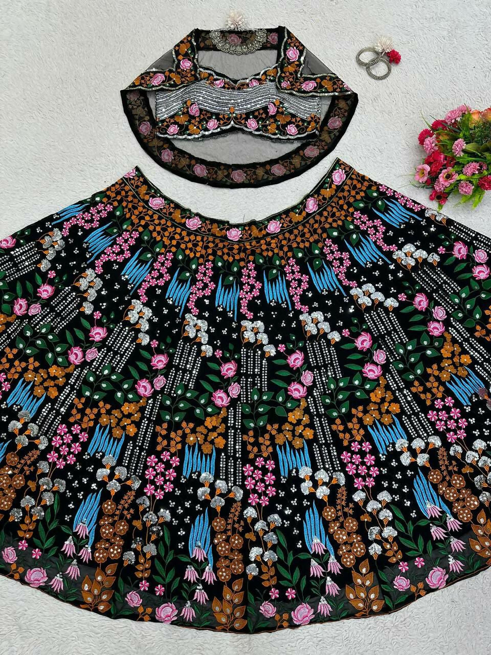 Women's Multicolor Faux Georgette Floral Sequins Lehenga Choli Set