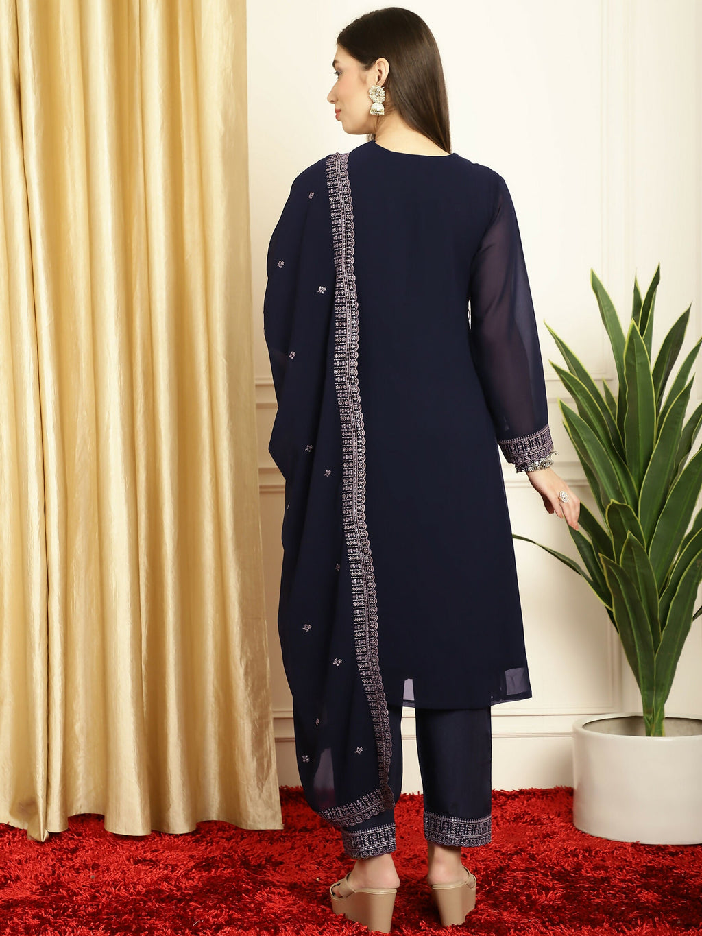 Jyoti Fashion Women's Navy Blue Georgette Resham Thread & Sequin Kurta with Trouser & Dupatta
