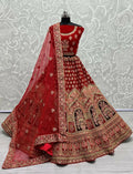 Red velvet wedding lehenga choli with intricate zircon diamond thread embroidery